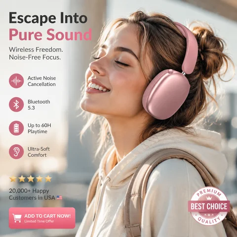 Wireless Bluetooth 5.3 Over-Ear Headphones HiFi Stereo Deep Bass Noise Cancelling Headset with Mic, Foldable Gaming Headset for PC/Phone/Tablet, Long Battery Life, Comfort Fit for Sports & Travel
