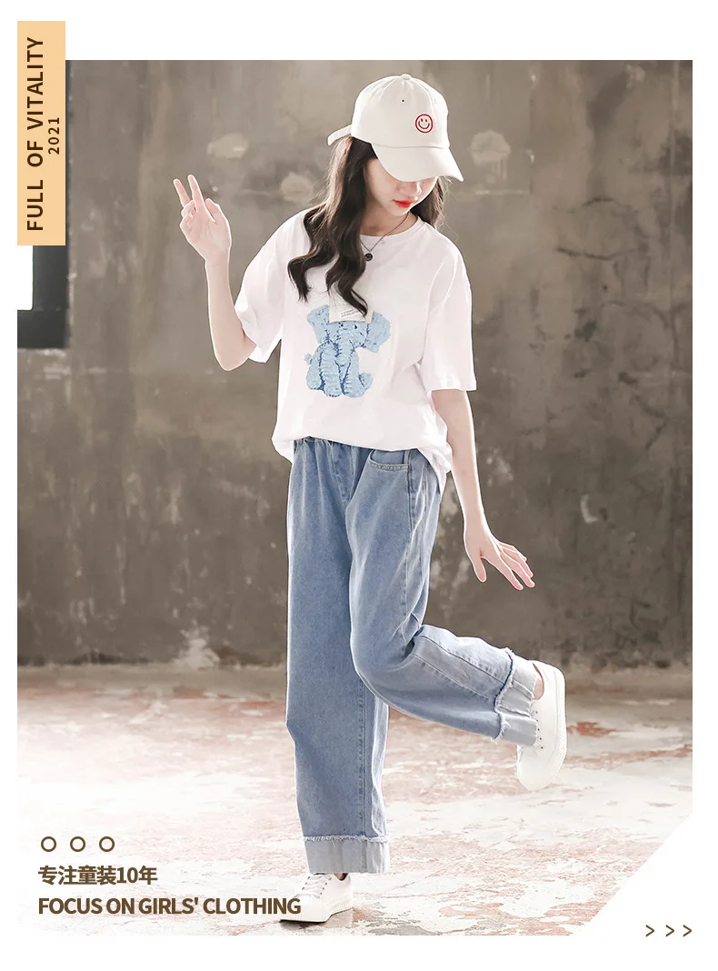 2024 summer teens Girls cartoon loose white elephant t-shirt + wide leg demin long Pants jeans Clothes 8 10 12 14 16 Years