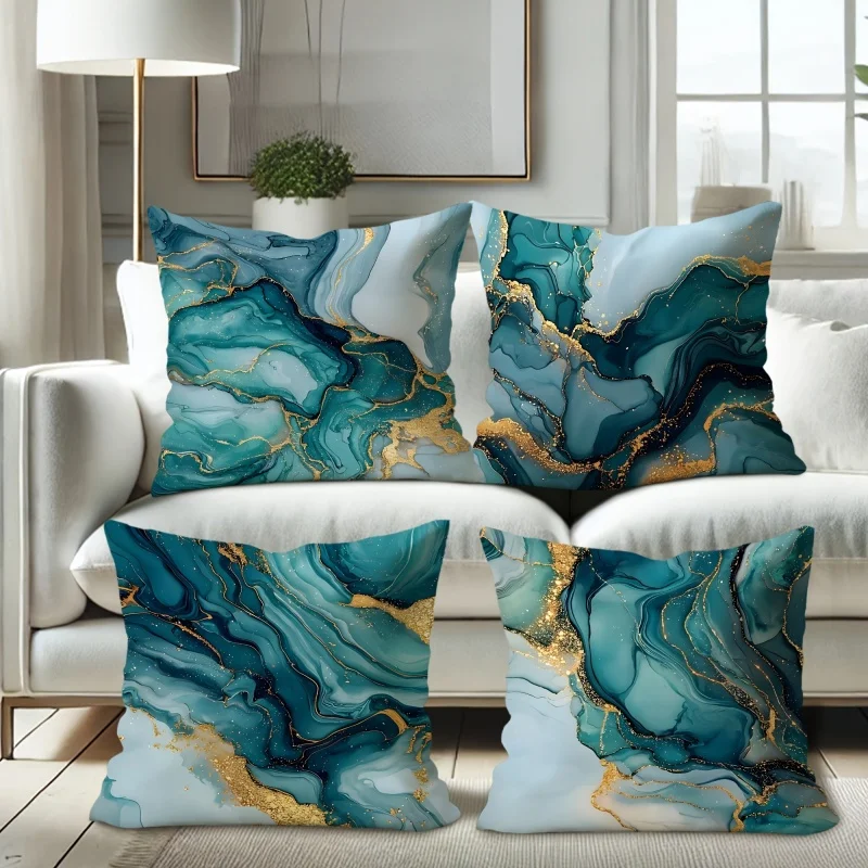 4Pcs Teal Gold Marble Pillow Covers, Fluid Art Cushion Cases with Gold Foil Accents for Sofa Living Room Bedroom Home Decor