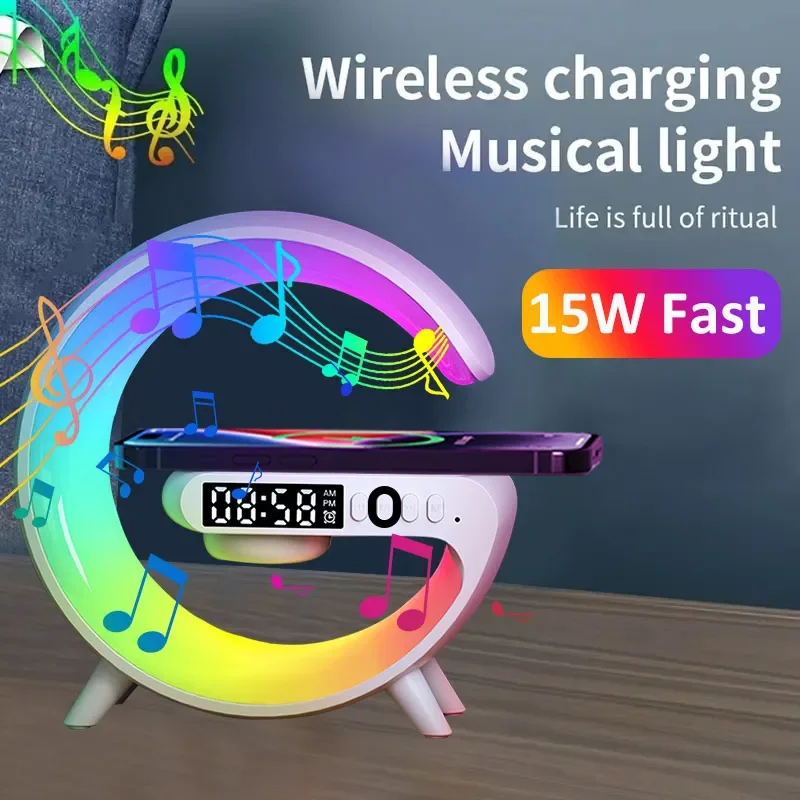 Mini RGB Atmosphere Light Wireless Charger Stand FM TF Bluetooth Speaker For iPhone Xiaomi Samsung Fast Charging Station Gift