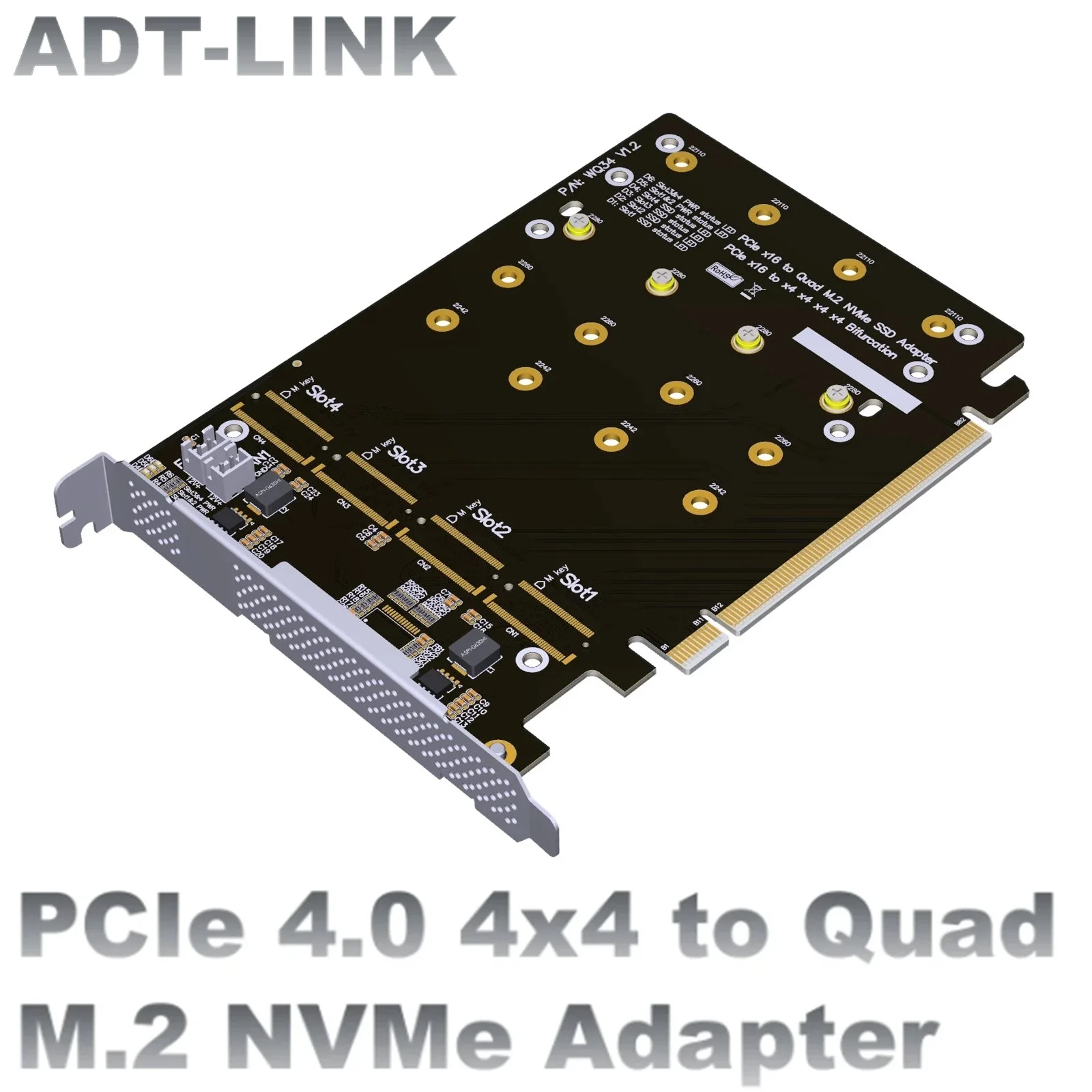 ADT-Link PCIe 4.0 x4x4x4x4 to M.2 Expansion Card 4 Slot M.2 SSD NVME Array Card PCIe x16 Split Card M2 WQ34 Factory Direct Sales