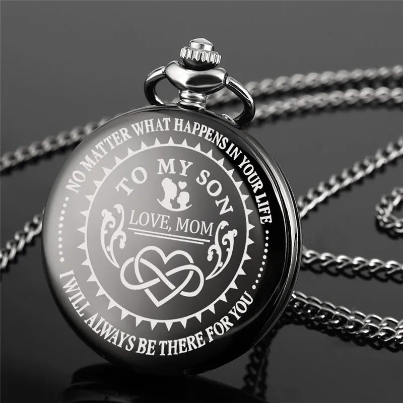 Antique Pocket Watch with To My Son I Love You Words Design Black Color Retro Quartz Analog Watches Necklace Chain Roman Number