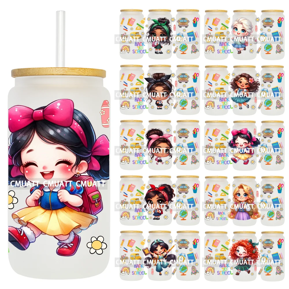 Cartoon Princess Back To School UV DTF Stickers Durable Waterproof Adhesive Wrap Transfer Printing For 16oz Libbey Glass Cups