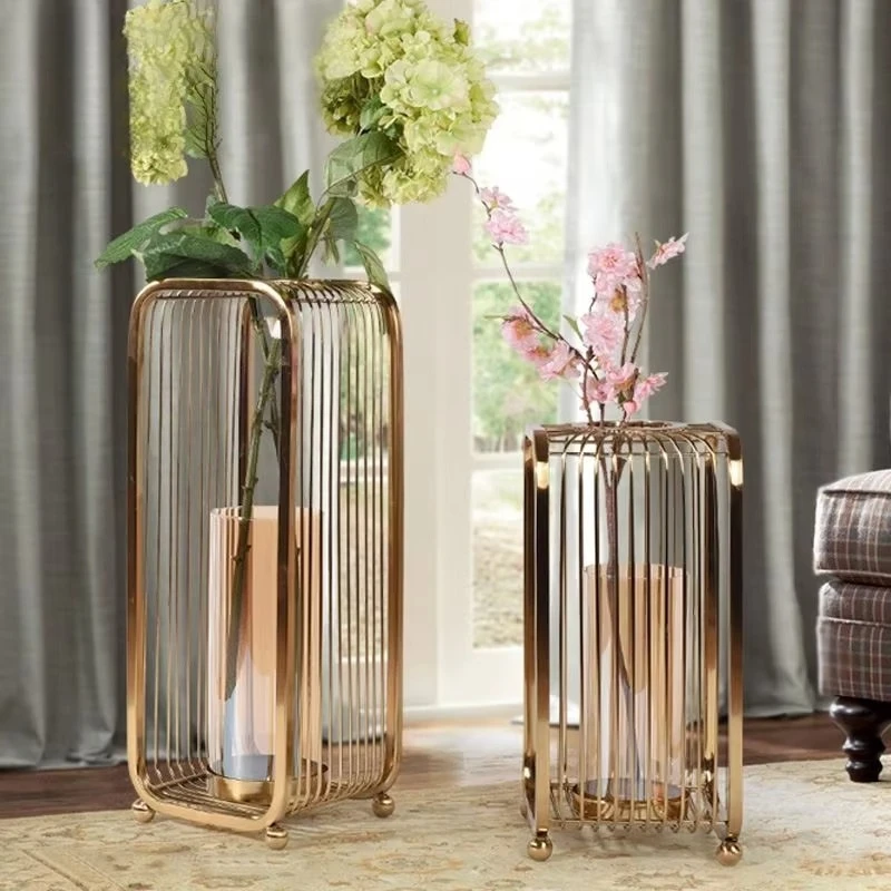 &c European Style Light Luxury Iron Transparent Glass Floor Vase Ornaments Creative Living Room Geometric Flower Arranging