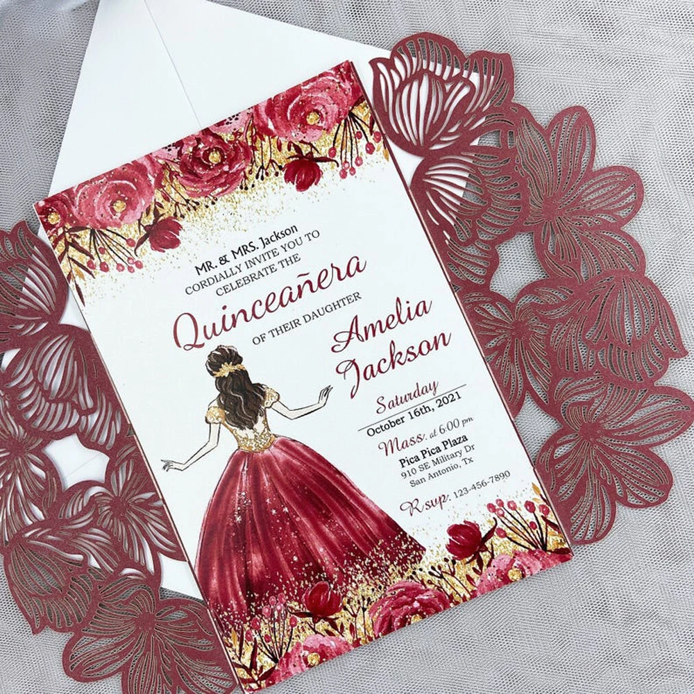 (50 pieces/lot) Laser Cut Floral XV Quinceanera Invitations Printable Pearl Burgundy Wedding Invitation Card With Ribbon IC057