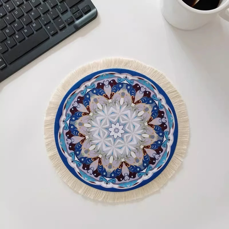 

Aesthetic Boho Mandala Round Desk Mat with Fringe Non-Slip Mousepad for Office & Home Decoration