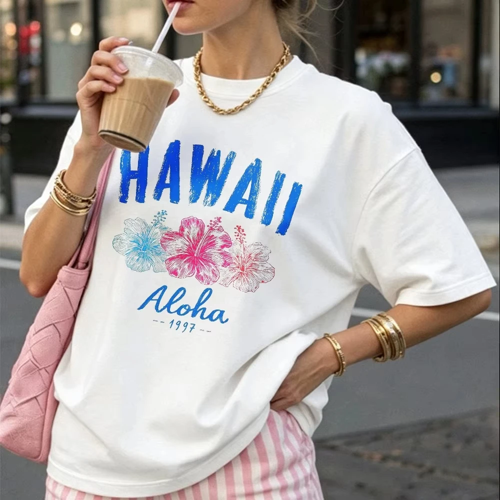 Vintage Hawaii Aloha Cotton T-Shirt with Blue Text Pink Hibiscus Flower Graphic Print Crew Neck Retro 1997 Tropical Summer St