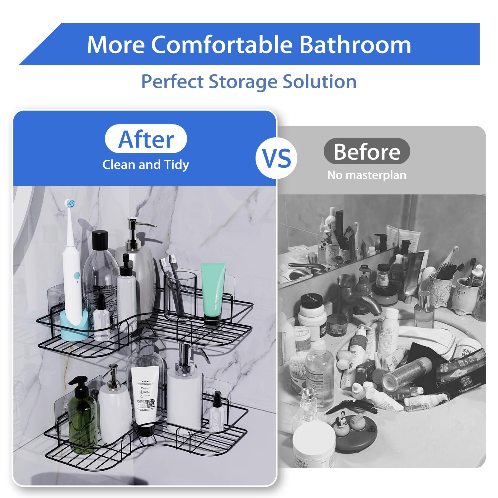 2PCS Bathroom Corner Triangle Shelf Wall Mounted Storage Shelves Shampoo Holder Cosmetic Rack Iron Shower Drain Basket Organizer - view 5