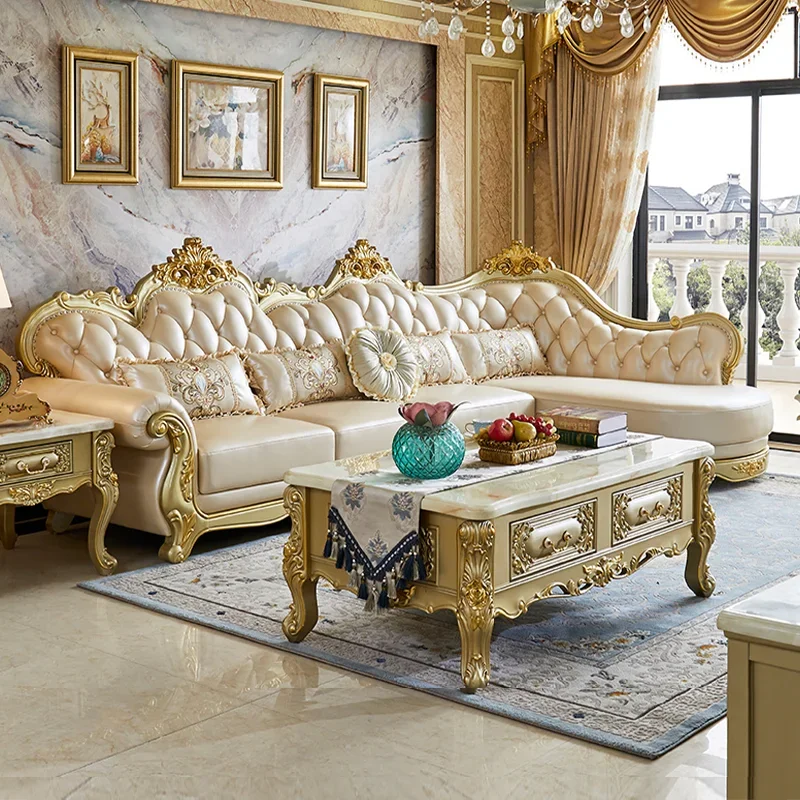 

European leather corner sofa combination first layer cowhide light luxury champagne gold living room size apartment solid wood