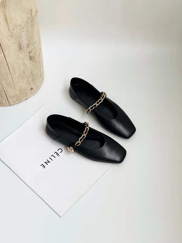 Maxdutti Casual Commuting Mary JaneGenuine Flat Shoes Women Nordic Minimalist Gold Chain Loafers  Leather