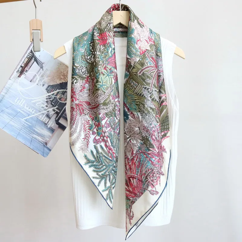 100% Twill Silk Scarf Women Garden Print Square Scarves Wraps Bandana Small Hijab Foulards Lady Tie Headband Neckerchief Echarpe