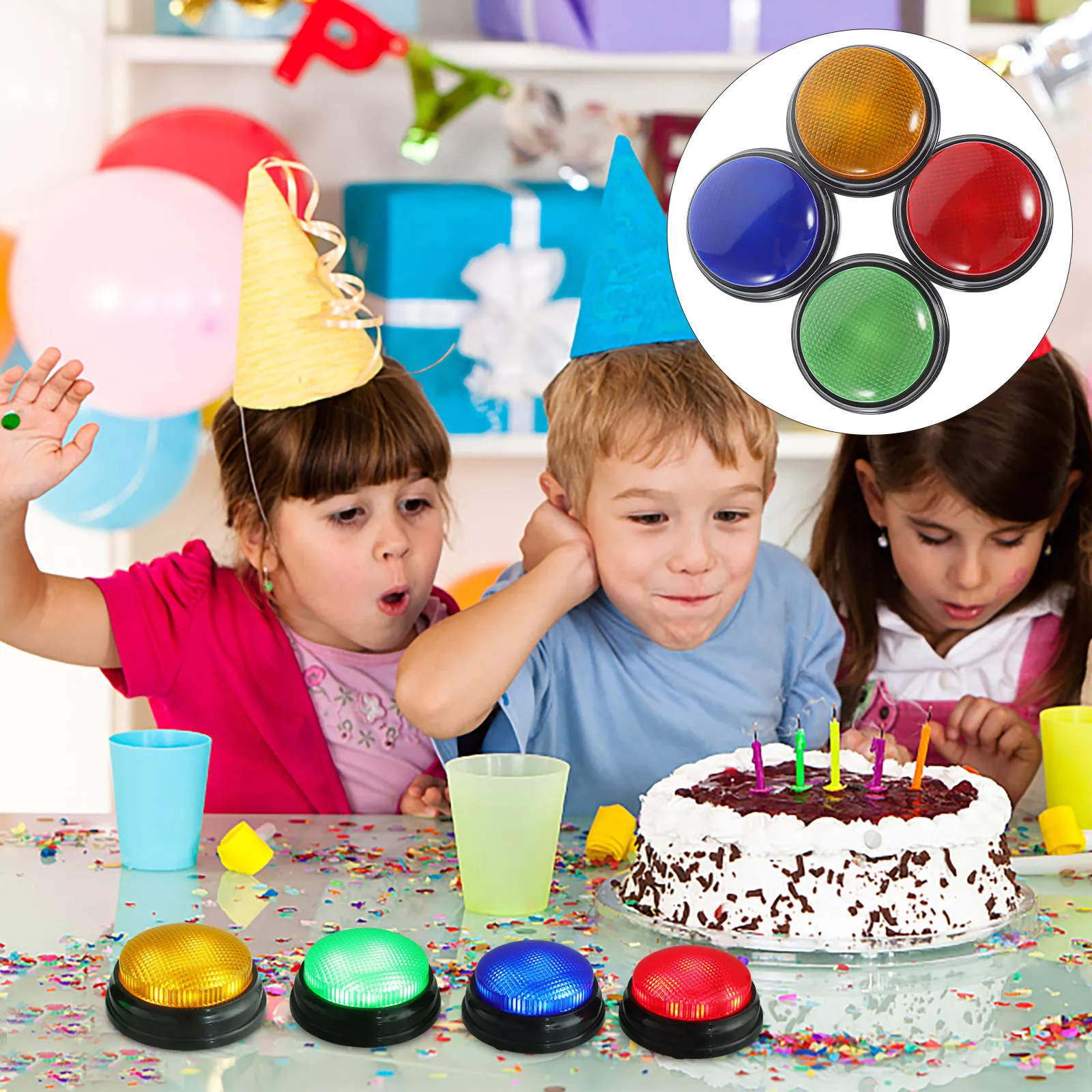 

4Pcs Press Activated Sound Button with Bright Light Effect Party Game Prop for Tailgating Office Prank Wedding Celebration