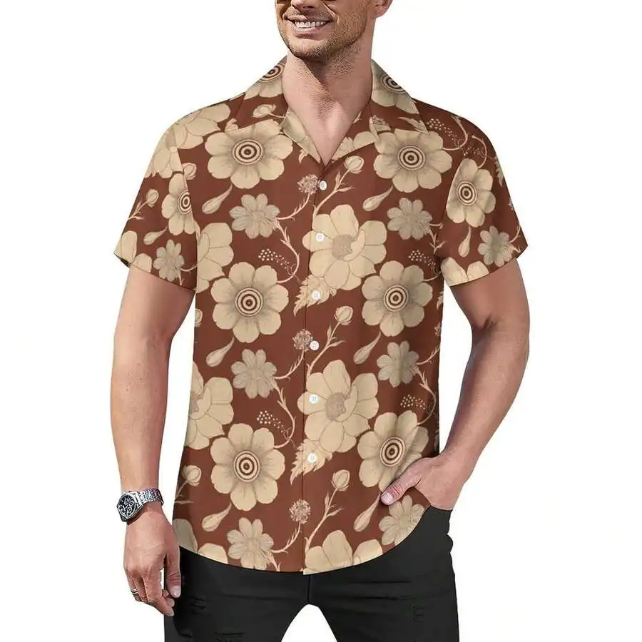 

Mens Vintage Brown Floral Hawaiian Shirt Regular Fit Lightweight Polyester Casual Beachwear