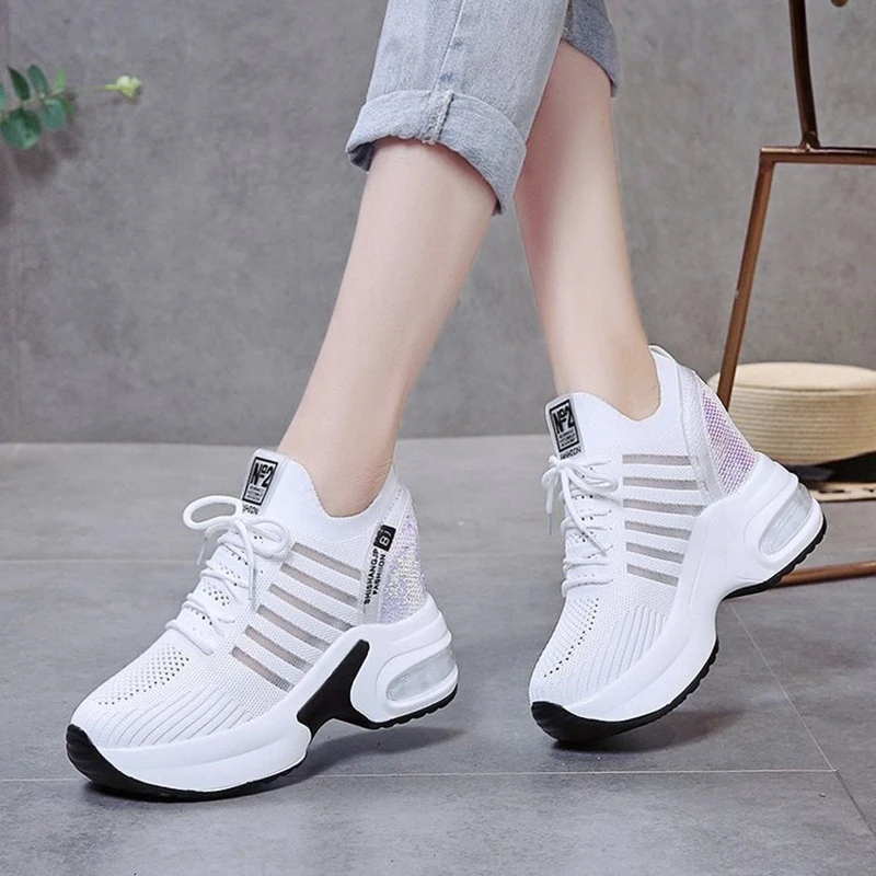 2022 New Women\'s Mesh Invisible Heightening Women\'s Wedge Heel Lace-up Sneakers Fashion Color Matching Women\'s Shoes