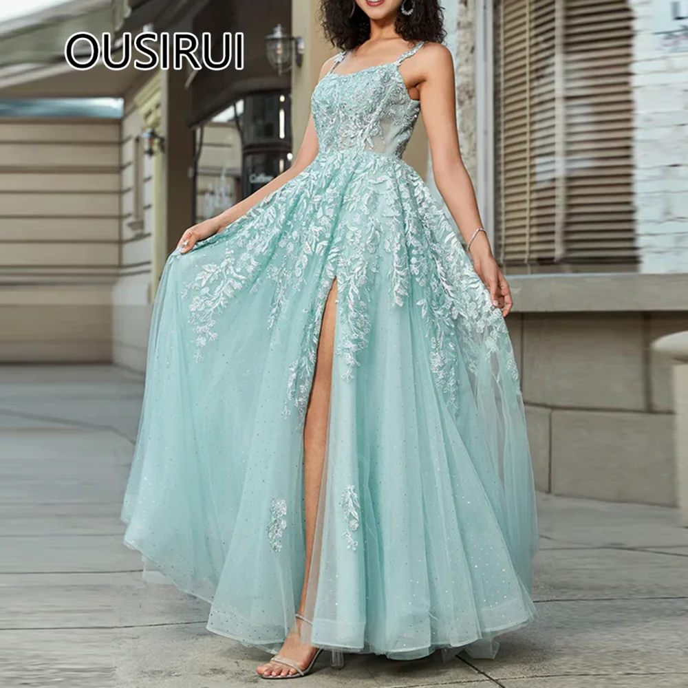 Prom Party Dress Square Collar Tulle Soptted A-line Long Side Slit Women Backless Prom Graduation Dress with Lace Customized