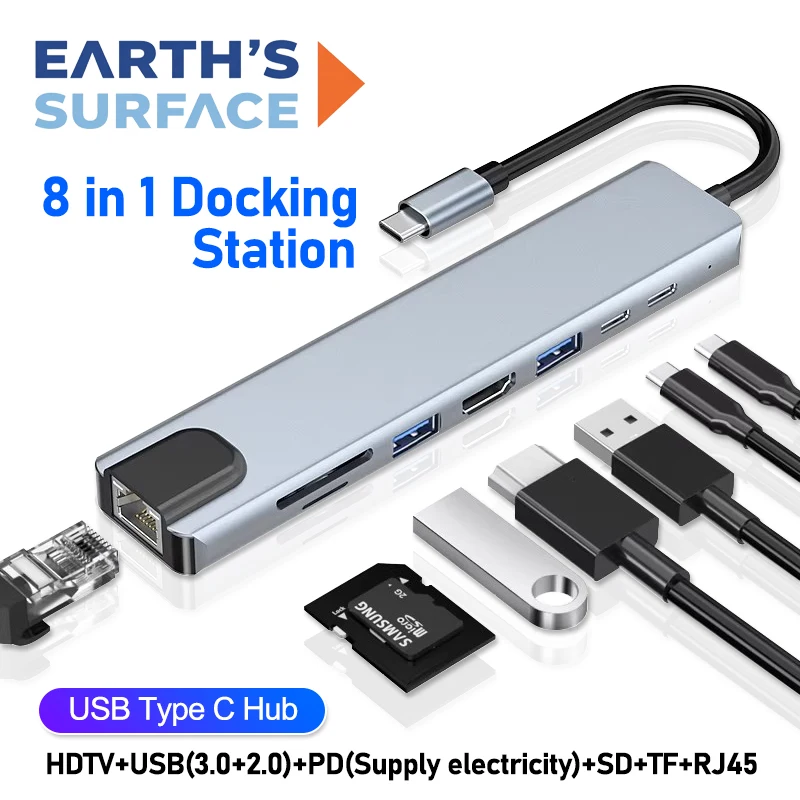 Hub USB C 8 en 1, adaptador compatible con HDMI tipo C 3,1 a 4K con lector de tarjetas RJ45 SD/TF, carga rápida PD para MacBook, Notebook y portátil