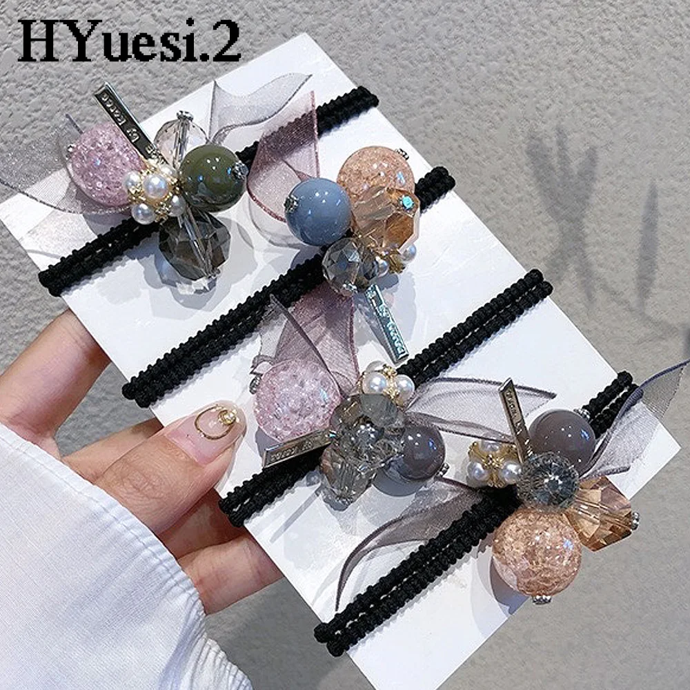 Fashion Rhinestone Beaded Hair Tie Bracelets Elasitc Crystal Pearl Hair Scrunchies Women Girls Ponytail Holder Elegant Headwear