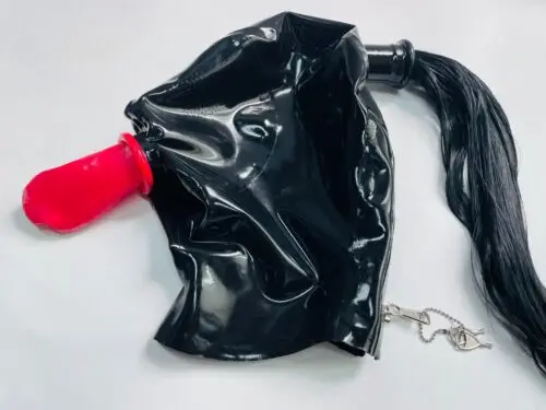 

Latex mask micropore eyes nose tube red mouth sheath with wigs lock zip 0.4