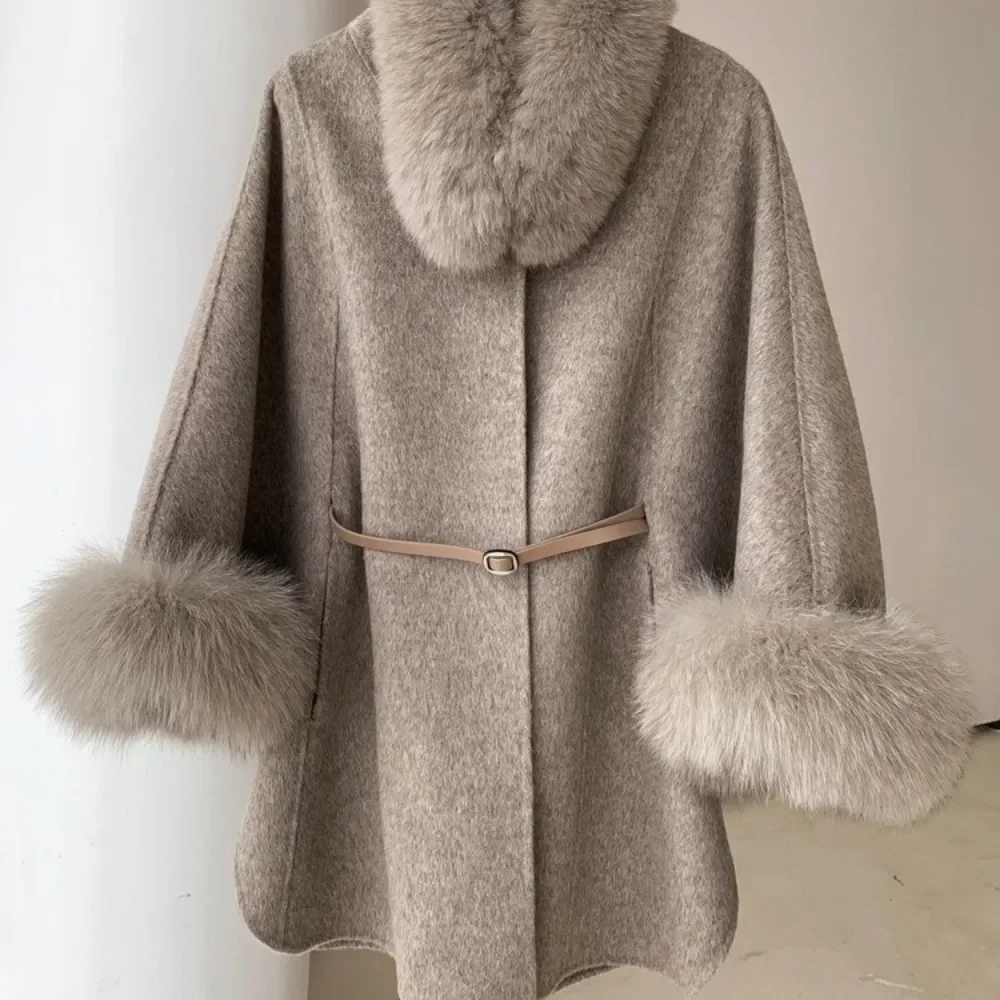 Fur Sleeve Detachable Real Fox Fur Collar 2024 New Autumn Winter Coat Wool Women's Warm A-line Jacket Luxury Thick Female Coat