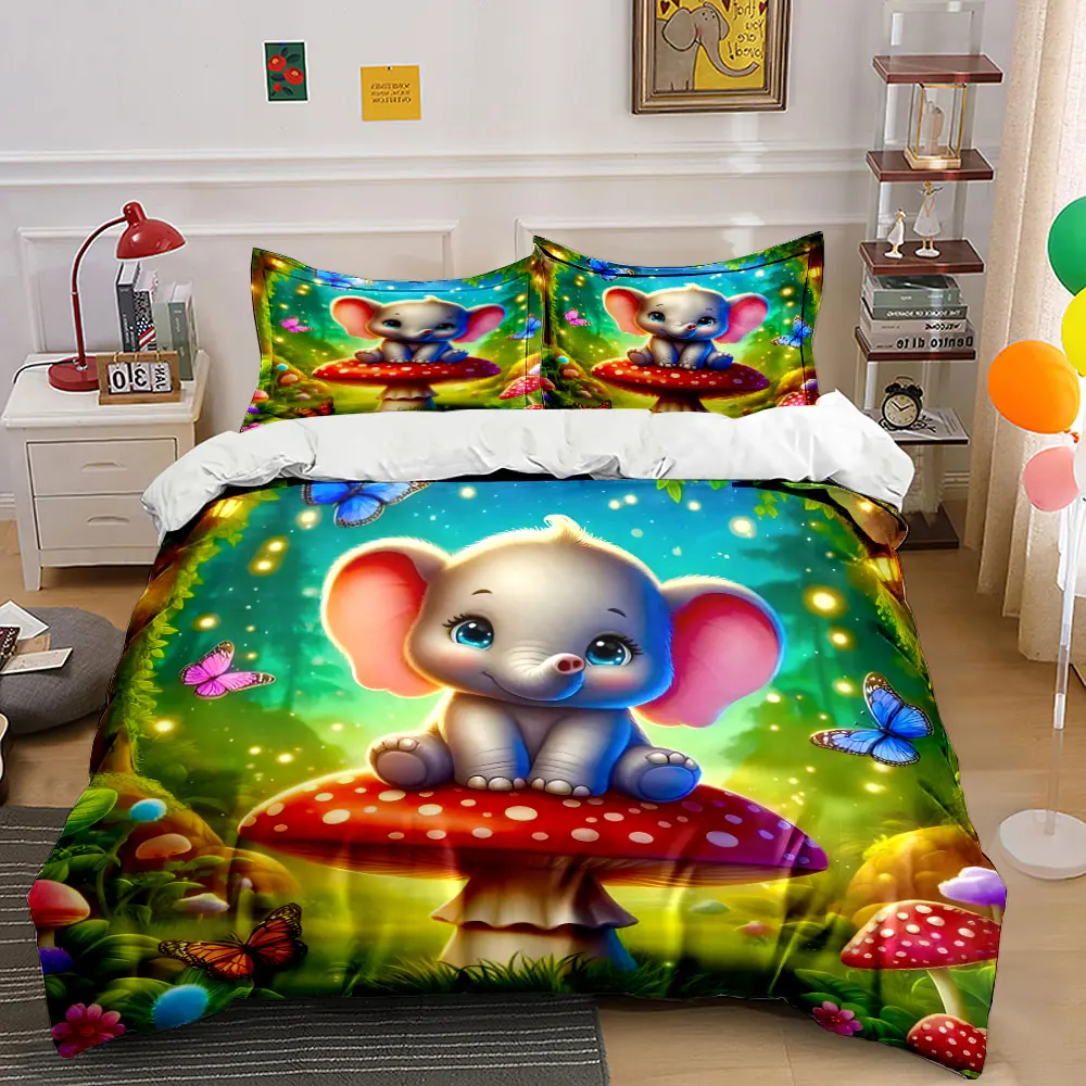 

Fairy Forest Mushroom and Elephant Duvet Cover Set with 3D Printing Design Soft Polyester Bedding Set All-Season Comfort