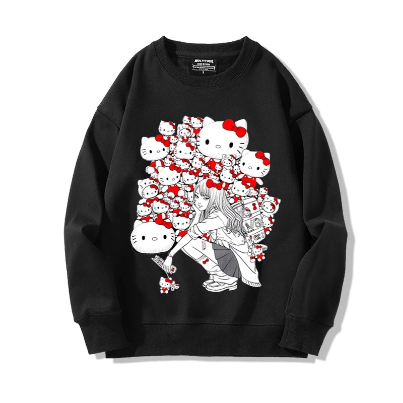  Hello Kitty Junji Ito Tomie Sweatshirt with Cute Pattern Print Retro Fashion Pure Cotton Anime Men's and Women's Pullover