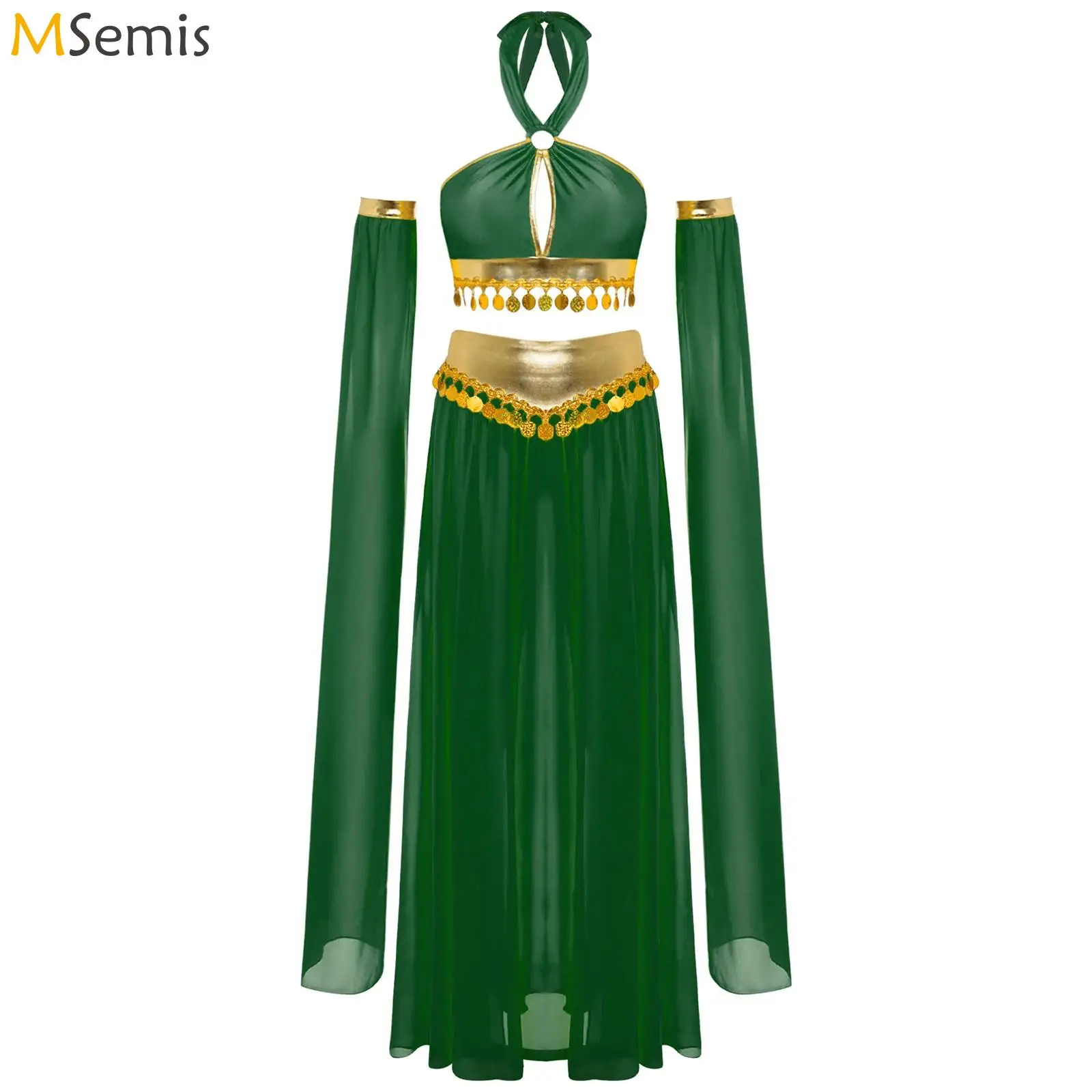 

Women 4Pc Bellywoode Belly Dance Costume Oriental Indian Belly Dance Outfits Halter Crop Top Chiffon Side Slit Skirt with Sleeve