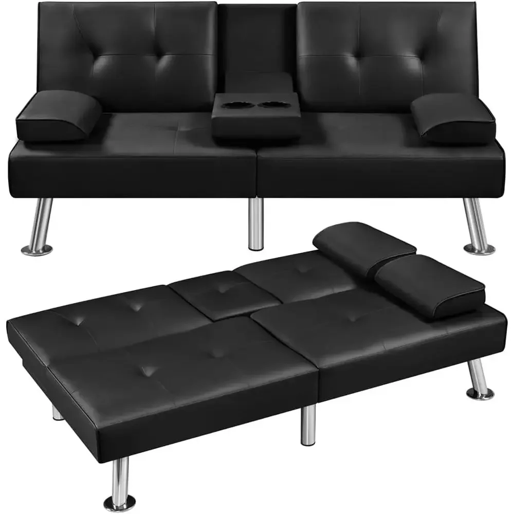 Adjustable Leather Sleeper Sofa with Cup Holders, 3 Reclining Positions, 772lb Capacity, Black