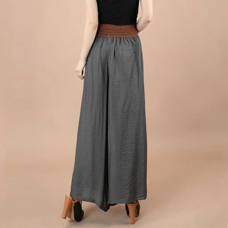 Korea Vintage Fashion Summer Women Pants Wide Leg Casual Loose Elastic Waist High Solid Drawstring Lace Up Ethnic Style Trousers