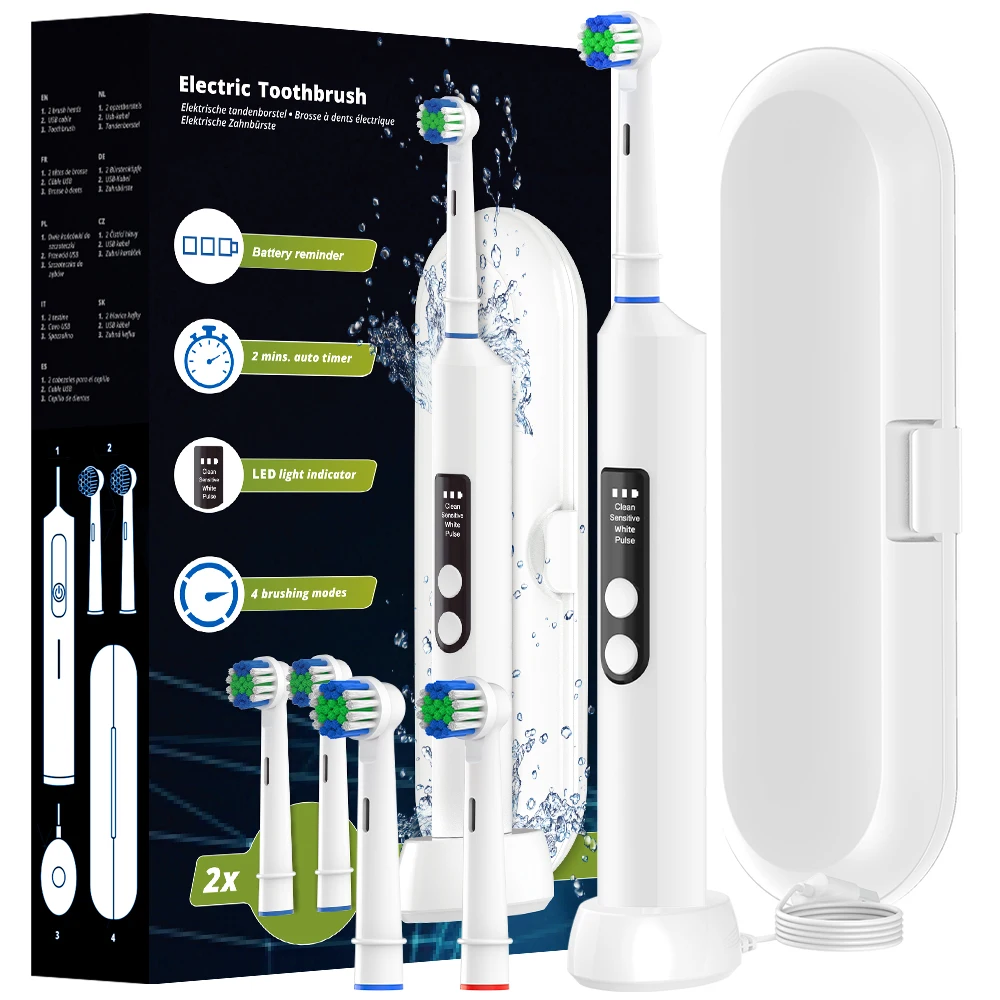 Smart Rotating Wireless Charging Electric Toothbrush, 4 Modes Rechargeable Rotary Toothbrush Compatible with Oral B Brush Heads