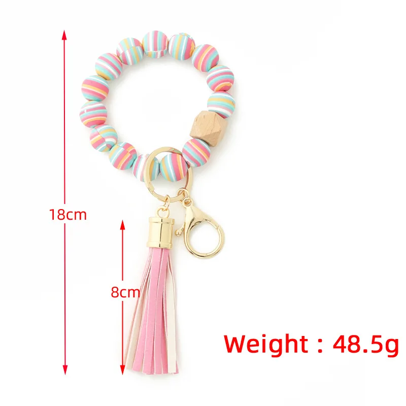 Cartoon Creative Colorful Silicone Beaded Keychain PU leather Tassel Keyring Women Men Bracelet Keychain Jewelry Gifts