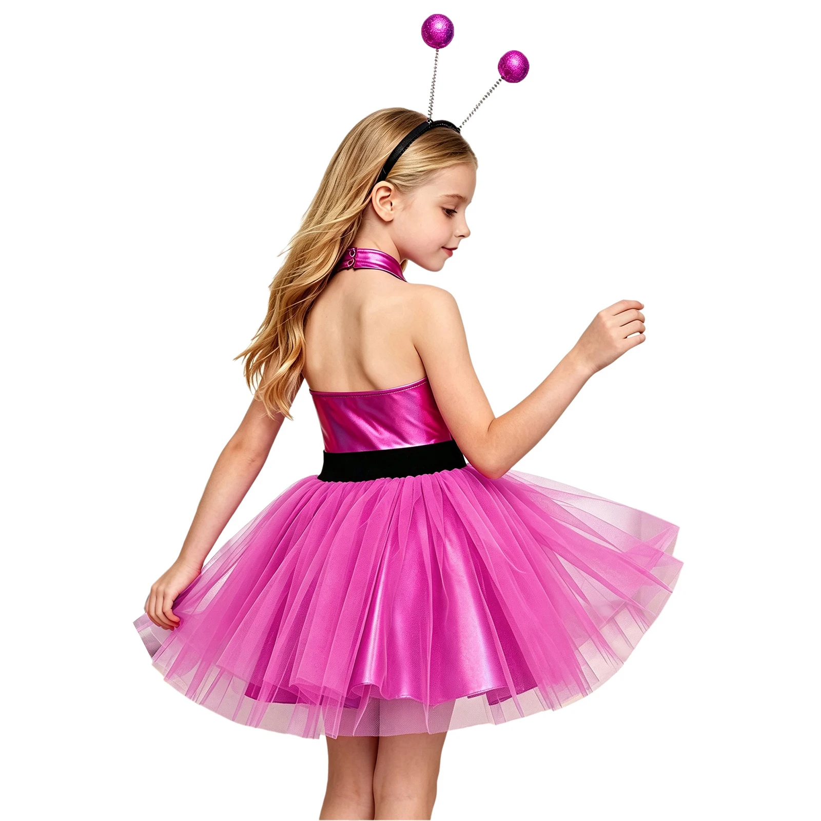 Girls Halloween Alien Cosplay Costume Halter Sleeveless Layered Ruffled Tulle Dress with Hair Hoop for Outer Space Themed Party