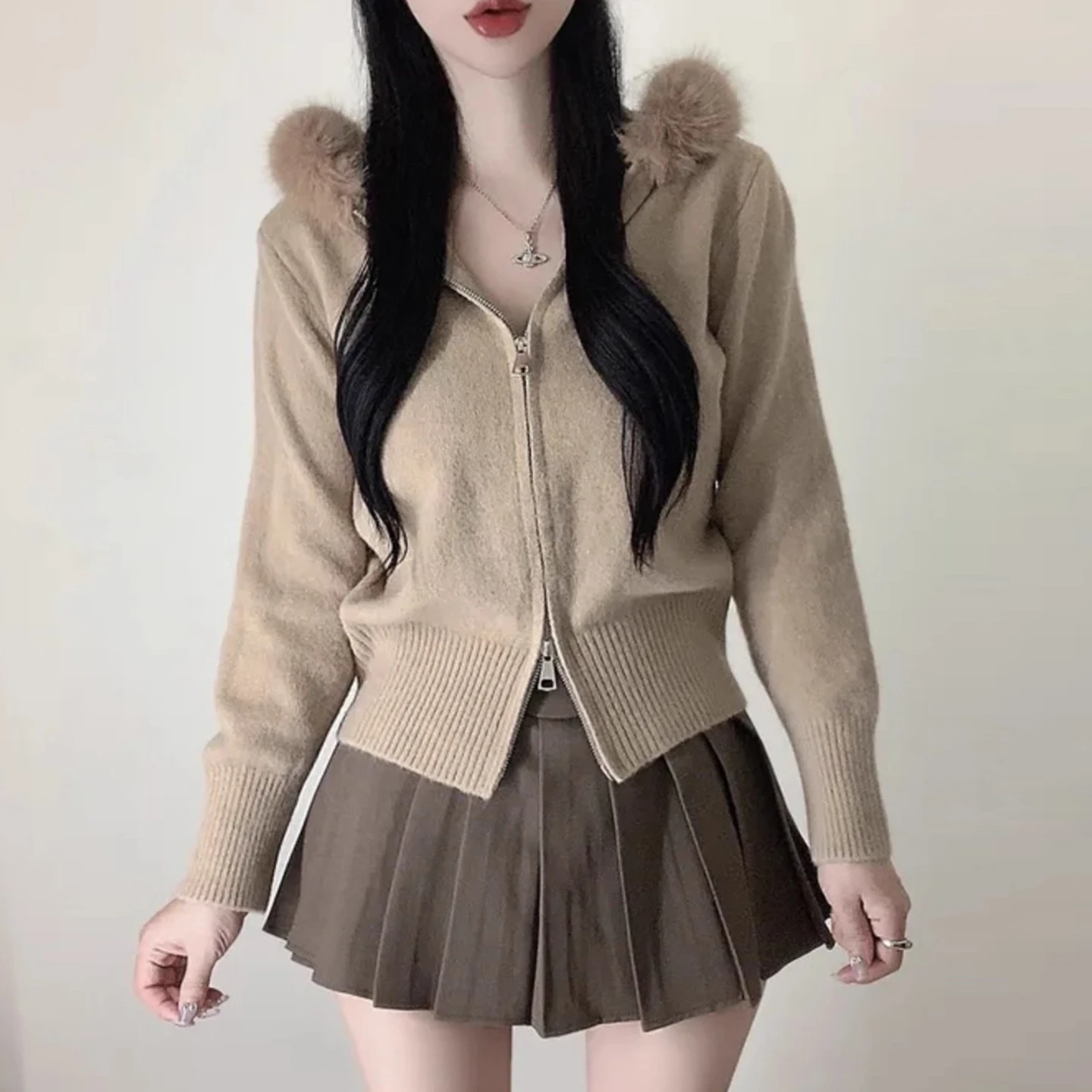 

Women's Hooded Knitted Sweater Coat Double Zipper Large Fur Collar All-Match Winter Faion Design Casual Comfortable Top