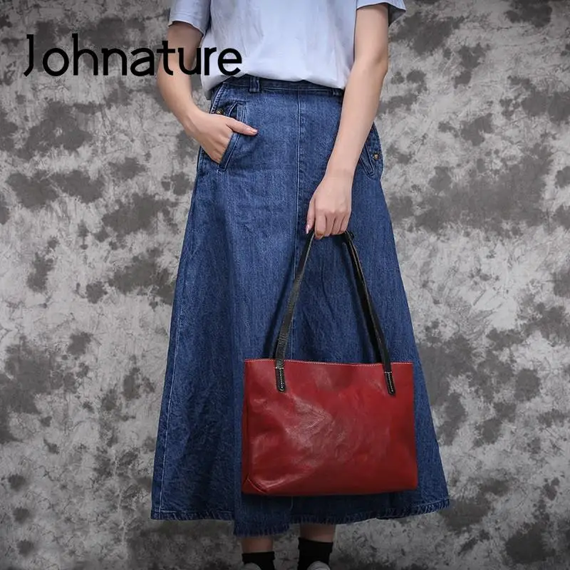 Borsa da donna di grande capacità Tote casual in vera pelle Johnature Borse a tracolla vintage in morbida pelle bovina naturale tinta unita semplice