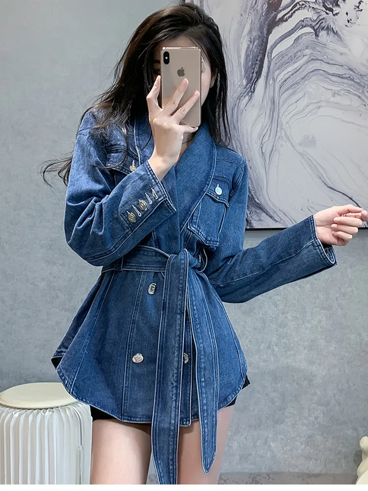 Streetwear Patchwork Double-breasted Denim Jackets For Women Notched Long Sleeve High Waist Mini Shirt Dress Coat Female Fashion