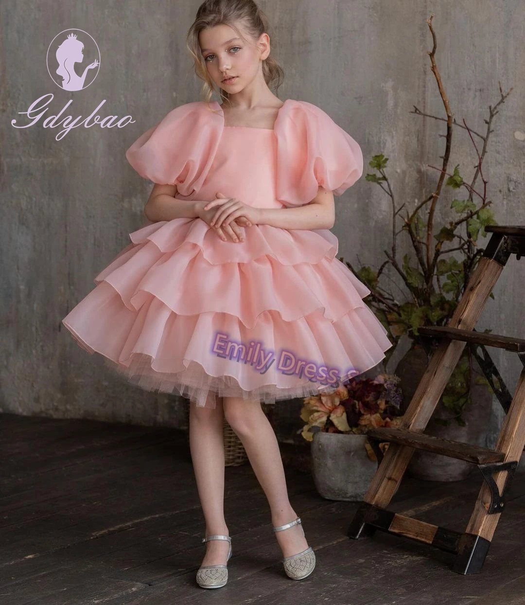 Pink Layered Flower Girl Dress For Wedding Puffy Knee Length Short Sleeves Kid Baby Birthday Party First Communion Ball Gowns