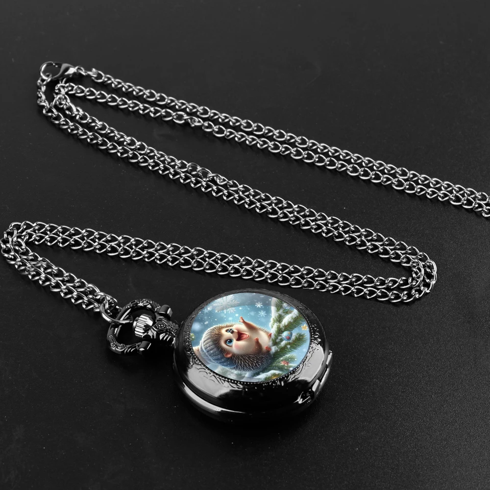 Little Hedgehog Glass Dome Quartz Pocket Watch With Durable Chain Arabic Numeral Dial Creative Gifts for Men Women Kids