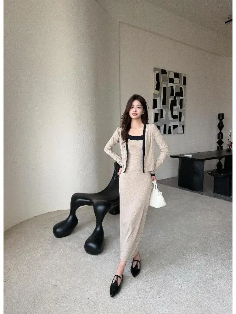 

Осень-зима, женский лоскутный вязаный кардиган с длинными рукавами, короткий свитер, топы и платье-комбинация без рукавов, комплект из двух предметов, популярный