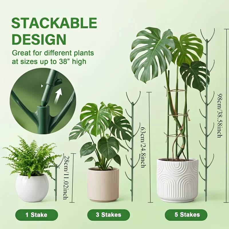 6Pcs Monstera Support Stakes,5 Sticks+1 Roll Tape,Stackable Trellis for Climbing Plants,Durable Poles for Outdoor Garden