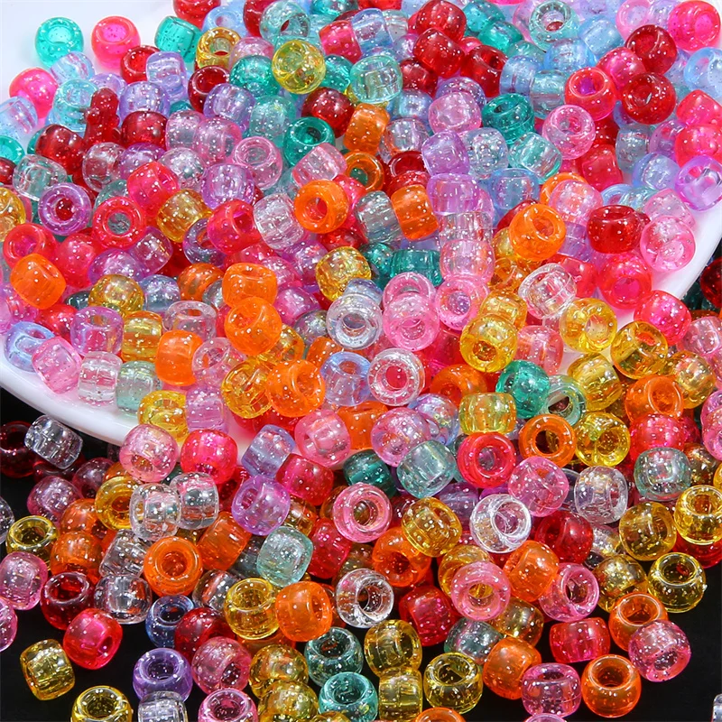 

100Pcs Transparent Glitter Plastic Pony Beads 9x6mm Spacer Loose Beads for DIY Handmade Bracelet Jewelry Making Accessories
