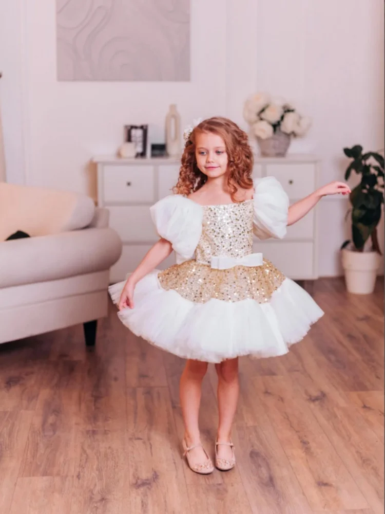 Custom Flower Girl Dress Off Shoulder Puffy Bubble Short Sleeve Sequin Bodice Waist Bow For Birthday Party, Stage Performance