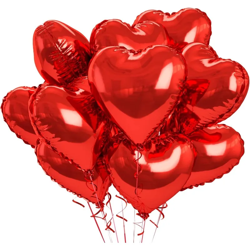 10 Piece Glossy Red Foil Heart Balloons Glossy Red 18inch Foil Heart Shape Balloons with 10 M Ribbon for Anniversary Decorations