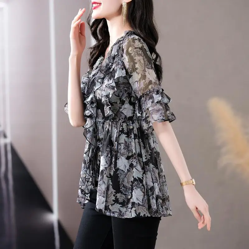 2024 Summer New Short Sleeve Chiffon Blouse Women Clothing Elegant Ruffles Flare Sleeve Thin Shirts Ladies Fashion Printing Tops