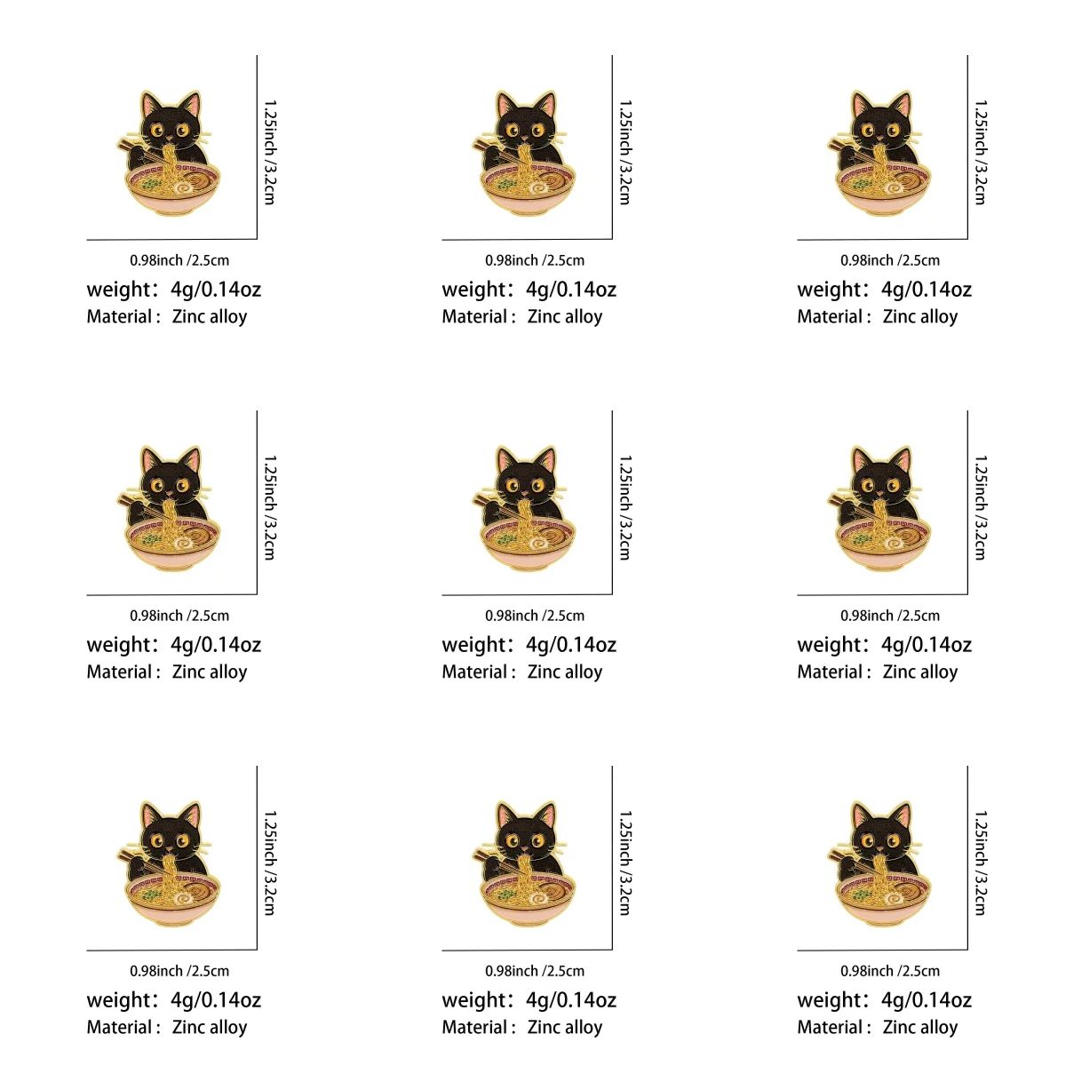 9 Stück Niedliche Schwarze Katze, die Nudeln isst, Emaille-Brosche, Anstecknadel für Kleidung, Tasche, Hut, Dekoration, Sammlerstück, Geschenk, Trendiges Accessoire – Detail 1