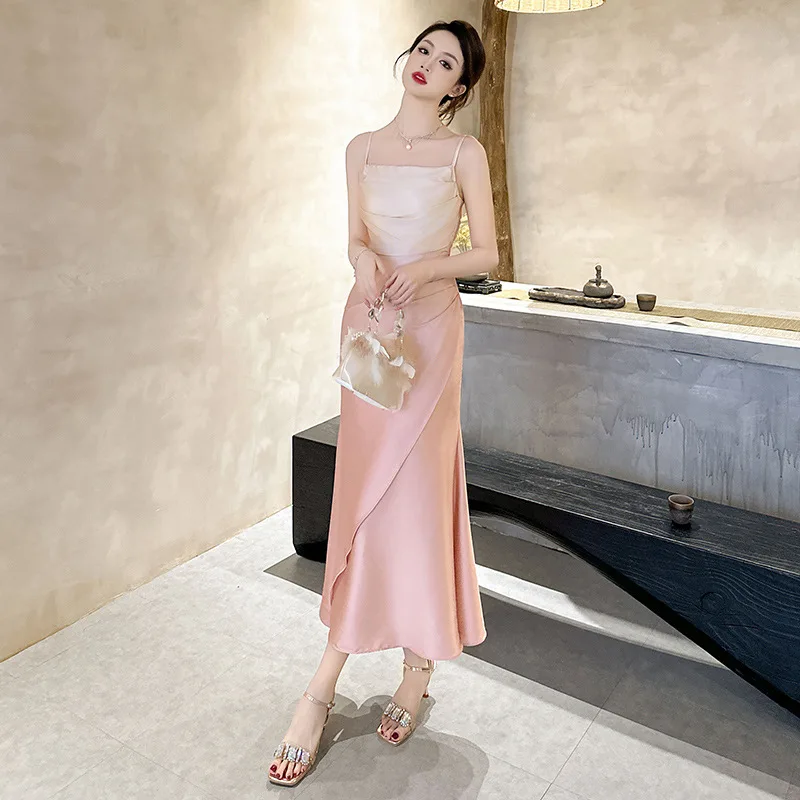 2024 Summer New Women's Heart Sweet Temperament Gradual Pink Waist Slim Fit Slim Strap Dress