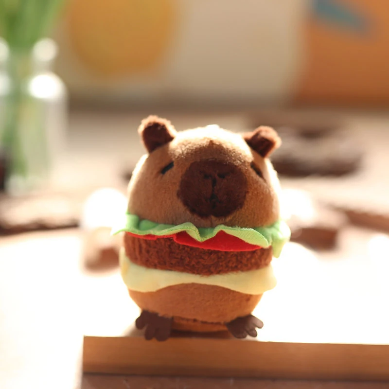 Kawaii Plushie Cute Capybara Hamburger Keychain Plush Simulation Capibara Fluffty Toy Stuffed Animals Soft Doll Kids Gift