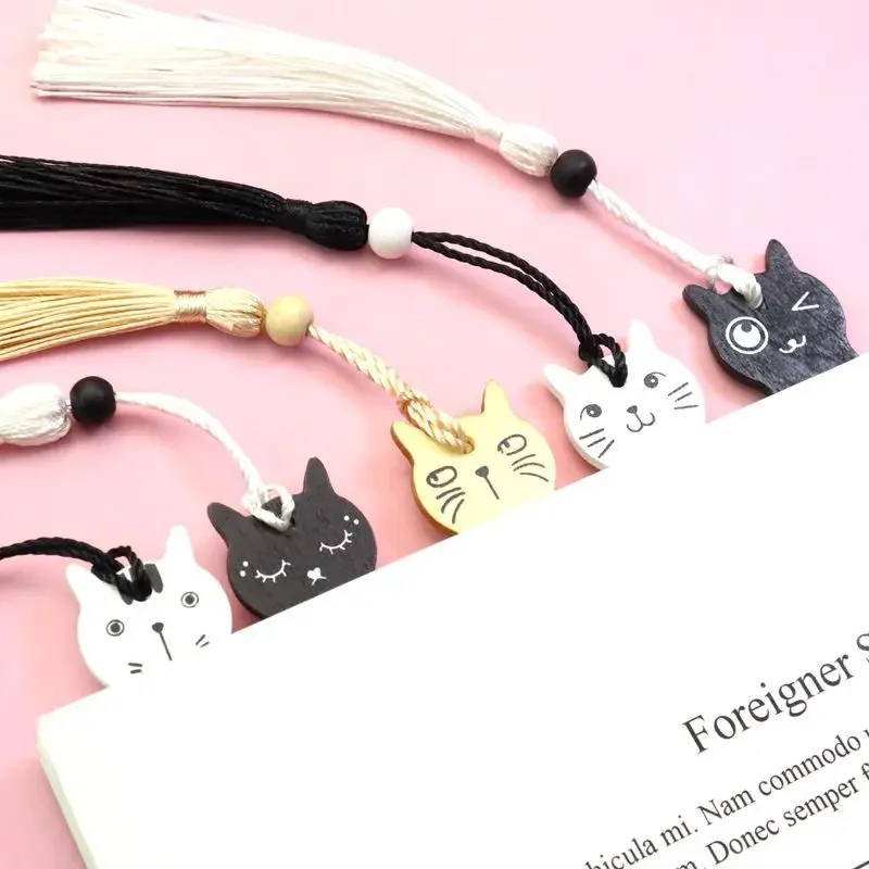 Cartoon Cat Wooden Bookmarks with Tassels Creative Bookmarks Children Student Teacher Stationery Reading Tools