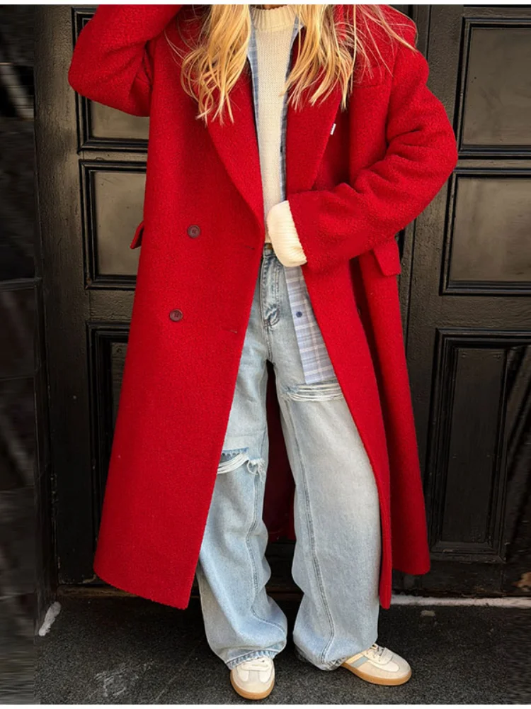 Urban Woolen Women Long Coat Full Sleeve Lapel Single Breasted Split Female Outwear 2026 Autumn Winter Lady Streetwear New