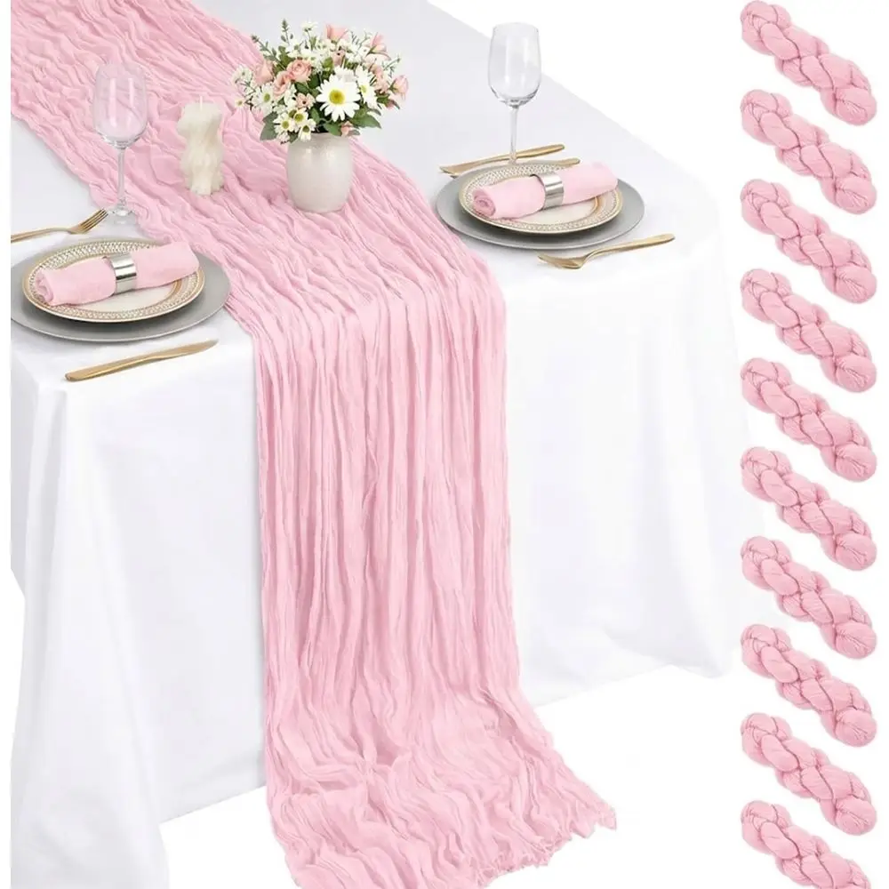 

10 Pack Light Pink Cheesecloth Table Runner 22X120 Inch Boho Gauze Table Runners for Parties, Baby Shower, Birthday, Weddings