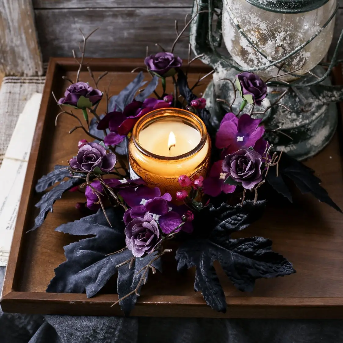 

New Halloween Candlestick Decoration Wreath Ring Ornament Ghost Festival Simulation Rose Table Candle Decoration Ring Arrangemen