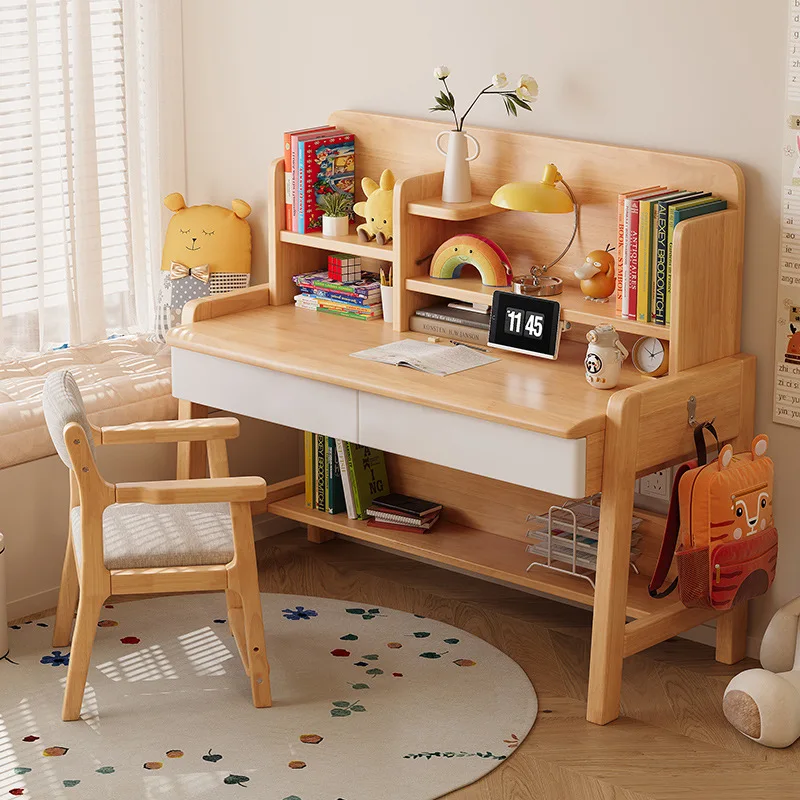 Children's study table Solid wood can be lifted and lowered primary and secondary school students' desks bookshelves